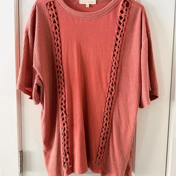 Gilded Intent Terracotta Lattice Detail Short Sleeve Top Size Medium Boho Knit - Picture 3 of 6